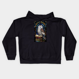 Stained Glass Style White Snowy Owl Sitting On Books Kids Hoodie